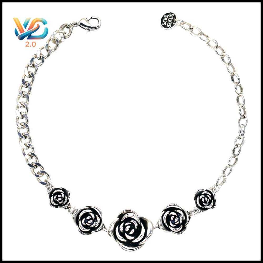 Sterling Silver Link Bracelet with Rose Flower Design, 8.3 Inches